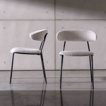 Exceptional Sovet Italia Soft chair with black lacquered metal and curved wood upholstered in light textured textile