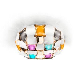 Woven ring, white metal, geometric design featuring orange, teal, purple gemstones set in gold bezels against a white background.