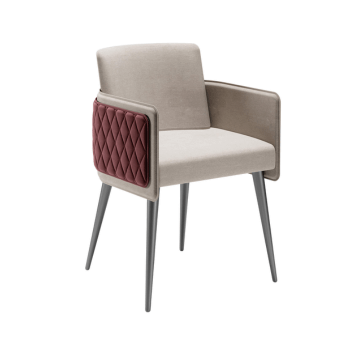 Dining chair, beige fabric upholstery, burgundy quilted leather accent, silver metal tapered legs, angled rectangular back, modern design.