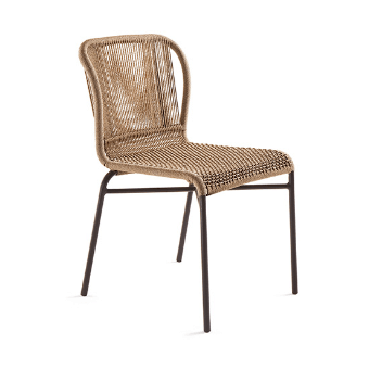 Dining chair with woven light brown rope seat and back, dark brown metal legs, curved high backrest, studio shot.
