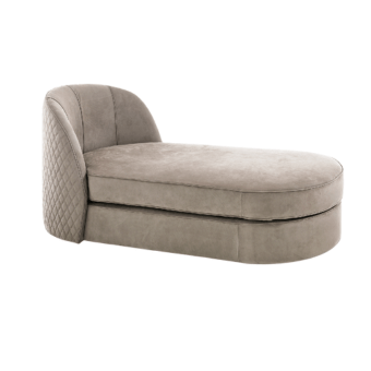 Chaise lounge, taupe velvet upholstery, curved back with diamond quilting, rounded form, contemporary design, studio product shot.