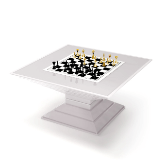 Chess table, white laminate, square tabletop with printed board and tiered white base, gold and black chess pieces arranged.
