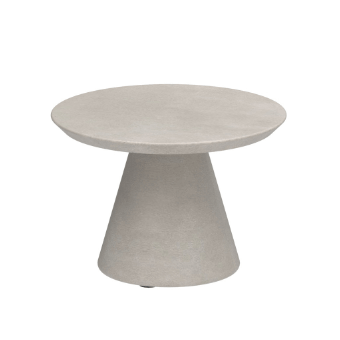 Round side table, light gray concrete, conical base; minimalist design, textured top, studio product shot, monochromatic palette.