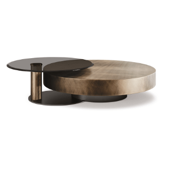 Coffee table, wood and glass, layered circular design with brushed brass cylindrical support and dark base.