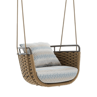 Hanging chair with woven rope body, metal frame, and blue-beige geometric cushions suspended by four natural ropes against a white backdrop.