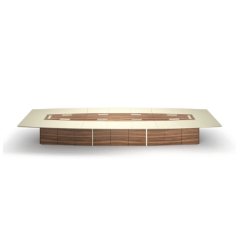 Conference table, light beige rectangular top, curved edge, medium-brown wood panel base with linear light-colored strip accents.