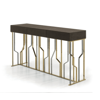 Console table, dark brown wood, rectangular top with textured finish and silver metal base featuring gold geometric accents.