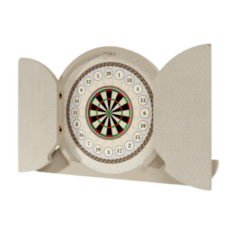 Dartboard with red and white concentric rings, numbered segments, and a light wood frame, flanked by beige protective panels.