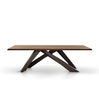 Dining table, dark brown wood, rectangular tabletop with beveled edges and intersecting angular metal base, studio product shot.
