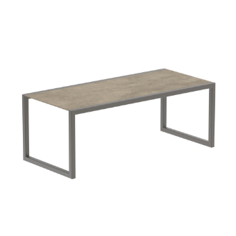 Rectangular side table with light brown wood grain tabletop and gray metal square legs, minimalist modern design, studio product shot.