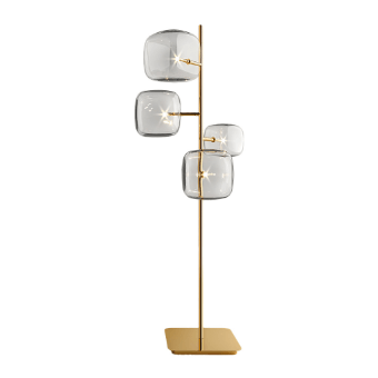 Floor lamp, brushed gold metal, with four smoky gray glass shades featuring star-shaped brass accents and a square base.