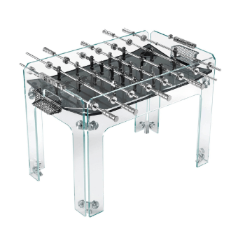 Foosball table, acrylic and gray, with chrome rods and rounded legs, studio shot on white background.
