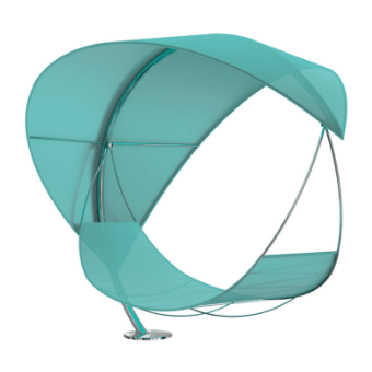 Hammock chair, turquoise fabric, asymmetrical canopy with silver metal cables and circular base, studio product shot.