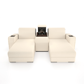 Modular home cinema seating, cream fabric, symmetrical chaise lounge arrangement with black side tables and central electronics display.