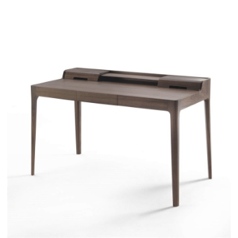 Brown home desk with rectangular tabletop, hinged storage, metal perforated front, and tapered legs, studio shot.