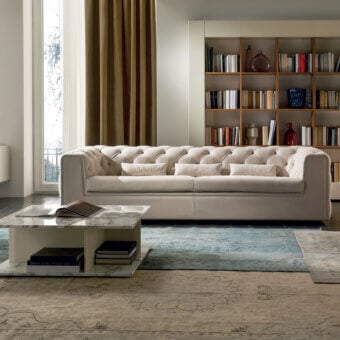 Timeless 4 Mariani Tudor sofa in light textile with classic diamond-tufted detailing and soft padding