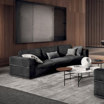 Distinctive 4 Mariani Twibe sofa with dark gray textile upholstery and unique metal tube structure crafted with delicate stitching