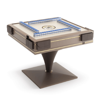 Mahjong table, light gray surface, concentric ring design with blue and silver inlay, dark brown pedestal base, studio shot.