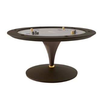 Poker table dark brown finish, circular felt playing surface, gold “Royal Flush” lettering, conical pedestal base with gold accents.