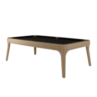 Pool table, beige finish, rectangular frame with dark felt surface and four tapered cylindrical legs, studio product shot.