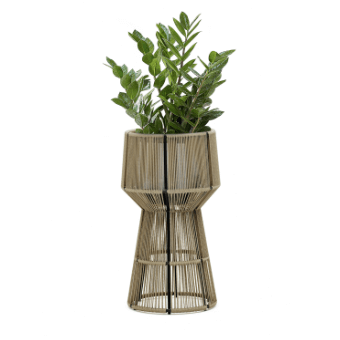 Woven pot with plant, natural rope, hourglass shape, octagonal top, ribbed base, glossy green leaves, white background, matte texture.