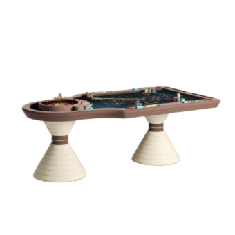 Roulette table with dark brown felt surface, wooden wheel, and cream conical legs, displaying betting areas and scattered chips.