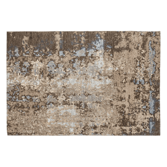 Abstract area rug, brown and beige tones, distressed pixelated pattern with gray and pale blue accents, dense shaggy texture.
