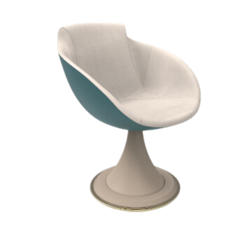 Pedestal chair, teal and cream fabric upholstery, rounded sculptural form with beige conical base and metallic trim.