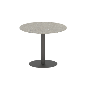 Round side table, gray speckled marble top, dark gray metal cylindrical pedestal base, minimalist modern design, studio product shot.