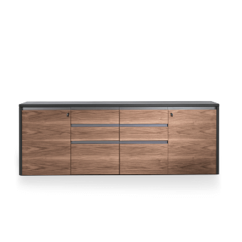 Modern sideboard, walnut wood and dark gray, rectangular shape with six doors and drawers, recessed metal pulls, minimalist design.