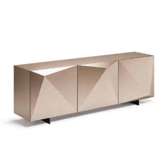 Sideboard, rose gold metallic finish, faceted geometric doors on angled black legs, studio product shot, rectangular low-profile design.