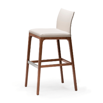 Walnut bar stool with beige fabric upholstery, curved backrest, square seat, tapered legs, and horizontal brace, studio shot.