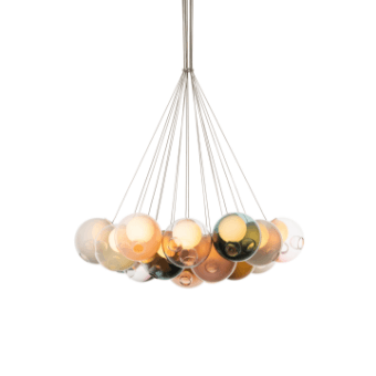Chandelier, glass and silver, features cascading spherical globes in amber, gold, and gray tones suspended from a cylindrical brushed silver fixture.