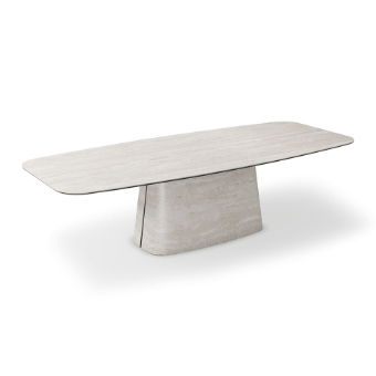 Marble table, light gray veined pattern, single pedestal base with sculpted form, minimalist modern design, studio product shot.