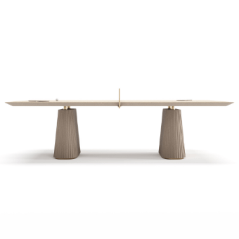 Ping pong table, light beige wood composite, centered with net and cylindrical pedestals, matte finish, studio shot, white background.