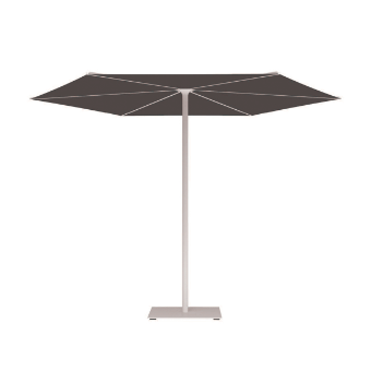 Cantilever umbrella, dark gray fabric, black ribs, with a light gray metallic pole and square base, minimalist design.
