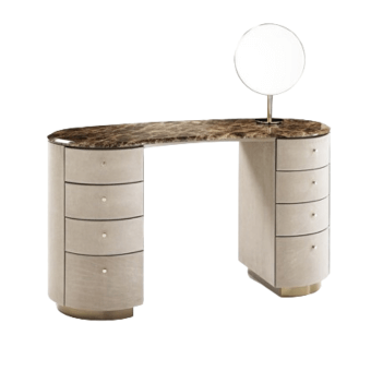 Horseshoe vanity, dark brown marble tabletop, beige fabric towers with gold bases, five drawers, circular mirror, studio shot.
