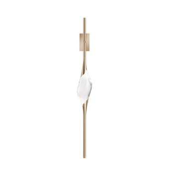 Brass wall sconce with elongated stem, rectangular backplate, and frosted white glass or resin diffuser, featuring intersecting metal details.