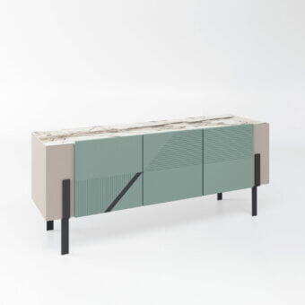 Distinguished Bizzotto Italia Amulet sideboard with muted green body, marble-effect top and matte beige panels built with dark metal legs