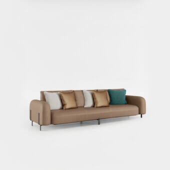Superior Bizzotto Italia Amulet sofa with light brown leather upholstery, titanium legs and accent cushions in grey, bronze, teal textiles