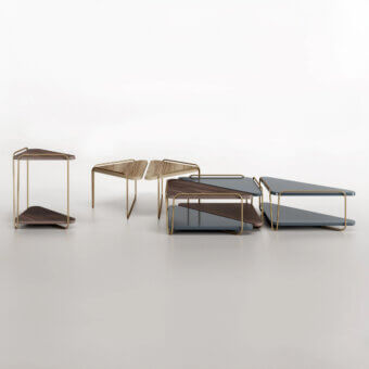 Exceptional Bizzotto Italia Hanami coffee table with light wood grain and gold-colored folded metal structure