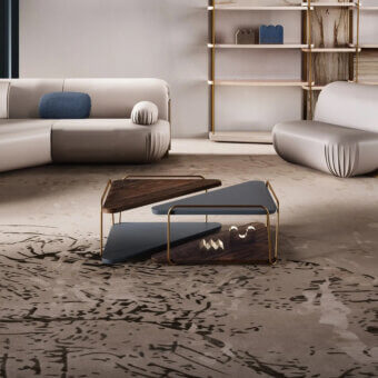 Exceptional Bizzotto Italia Hanami coffee table with hand-moulded ceramic, folded metal, and multi-tiered dark wood surfaces in matte finish