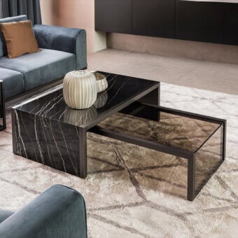 Exceptional Bizzotto Italia Ikat coffee table with dark marble-patterned top and lacquered matte metal structure