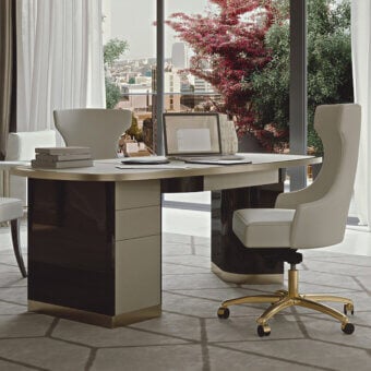 Superior Bizzotto Italia Ikat desk with neutral wood-like composite and dark Flamme finish with gold accents
