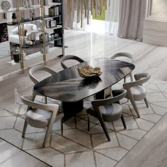 Distinguished Bizzotto Italia Ikat dining table with dark swirling wood grain and a monumental double-S base crafted in Italy