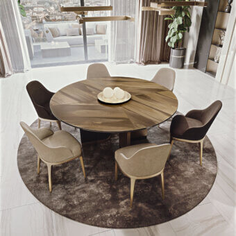 Exceptional Bizzotto Italia Ikat dining table with a chevron pattern in matte finished wood and a monumental double-S base