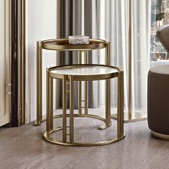 Distinguished Bizzotto Italia Ikat side table with dark and light tops crafted in lacquered gold-tone metal