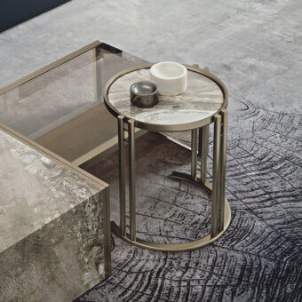 Superior Bizzotto Italia Ikat side table with swirling grey and white marble top and lacquered gold metal cage structure
