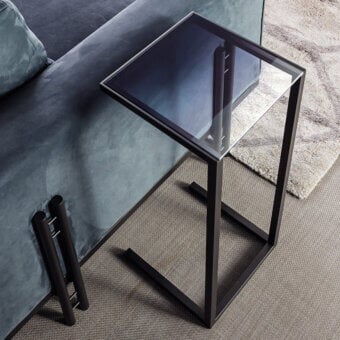 Elegant Bizzotto Italia Ikat side table with dark gradient glass tabletop and matte black lacquered metal frame