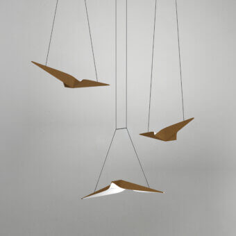 Elegant Bizzotto Italia Noshi suspension lamp with geometric forms crafted in textured light brown aluminum